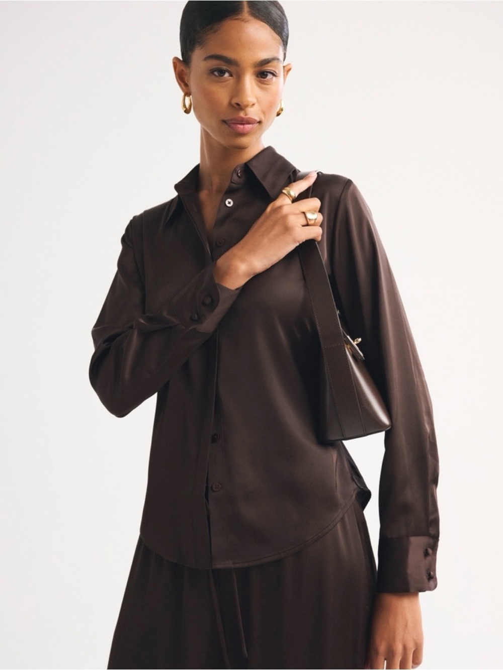 NWT Abercrombie & Fitch Women's Chocolate Brown Satin Button-Up Shirt